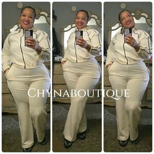 Elegant Cream Track Suit with Black Trim